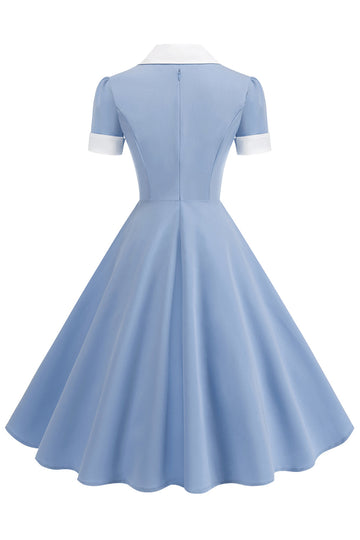 Vestido azul A Line con escote en V de la década de 1950 y mangas cortas